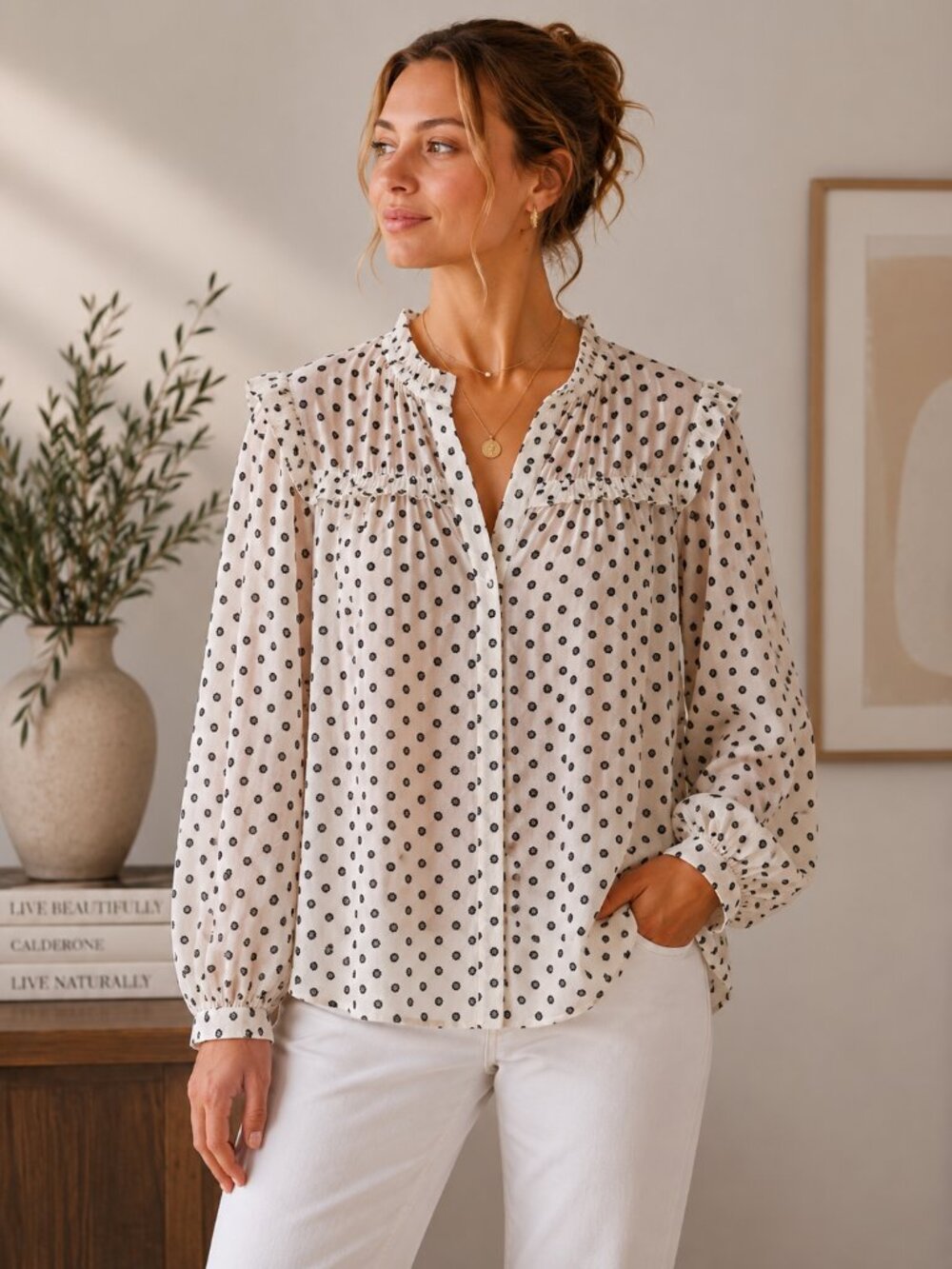 Anthropologie Current Air Cream Black Polka Dot Semi Sheer Ruffle Neck Blouse M